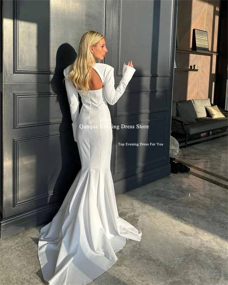 Qunque Abiti da sposa a sirena bianca senza schienale Abiti da sposa in raso a maniche lunghe con strascico Abiti da sposa civili personalizzati da