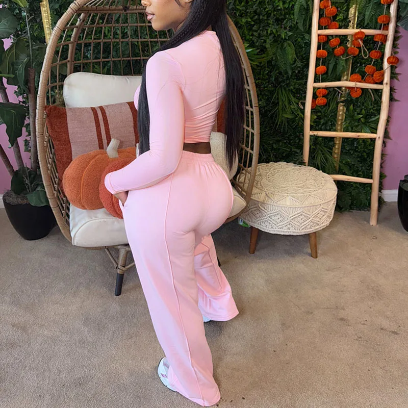 Doyerl Solid Two Piece Set Woman Tracksuit Sports Fitness Skinny Long Sleeve Crop Top and Sweatpants Sweatsuits Jogging Femme