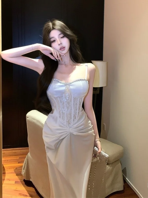 Robe blanche à bretelles, broderie lourde, Fibone, moulante, jupe d'anniversaire pour femmes, saison d'été, événement de bal