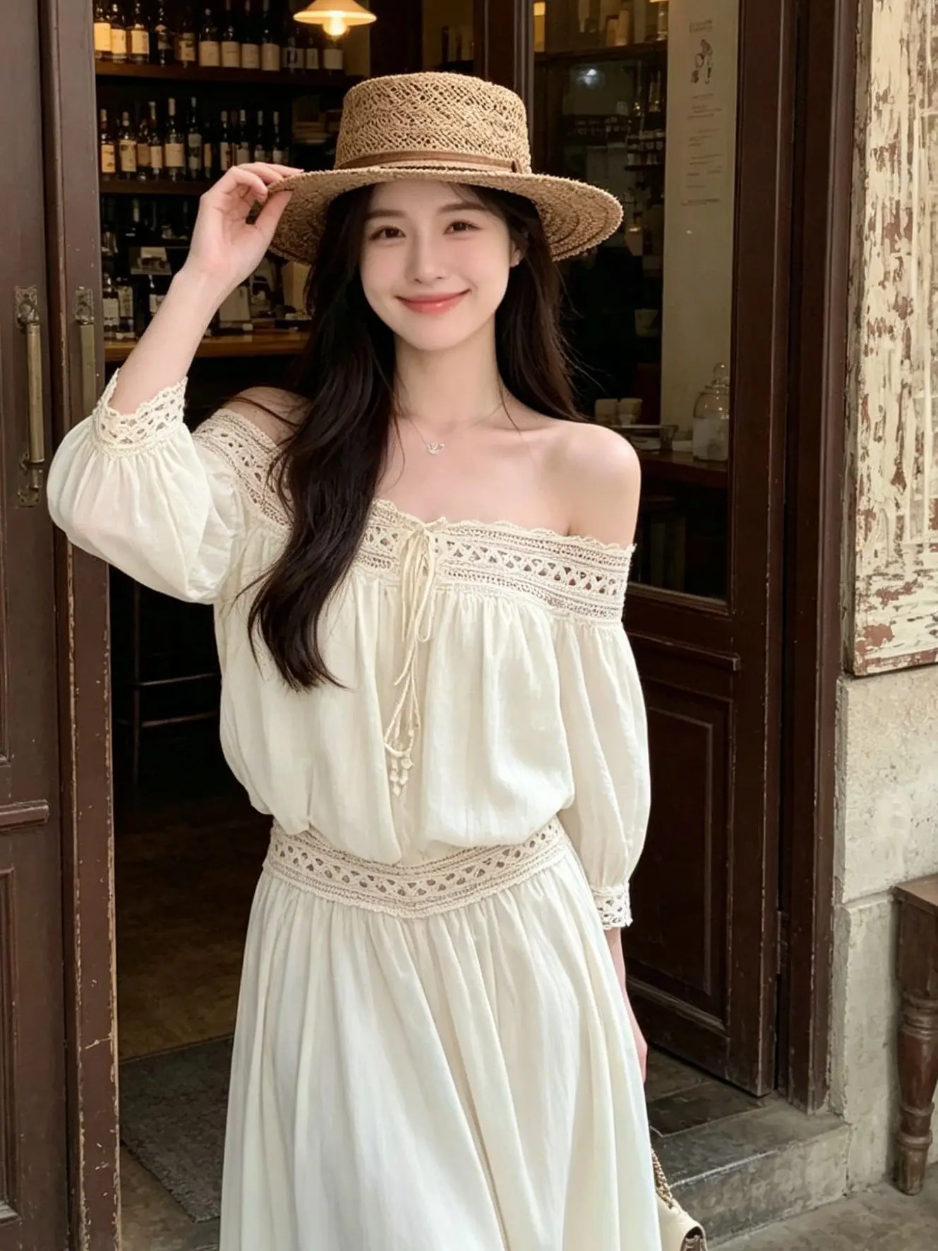 

Fashionable Two-Piece Set Gentle Wind One-Shoulder Hollow out Lace A-Line Long Skirt Summer Elegant Sensation Outfit