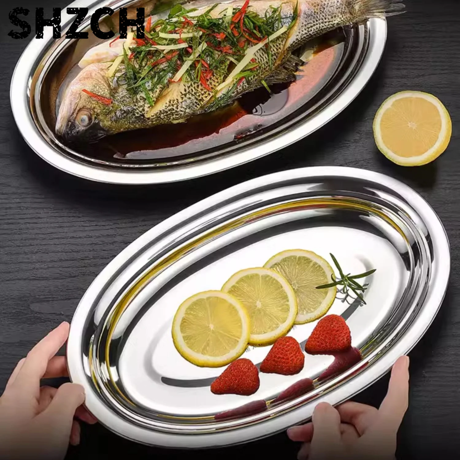 Certificación LFGB, plato ovalado de cocina de acero inoxidable 304 puro, plato de pescado reflectante bien pulido, bandeja elíp