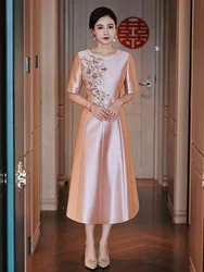 Pink Satin Mother Of The Mother Bride Dresses Elegant Round Neck A-Line Tea-Length Midi Women Dresses For Wedding Party