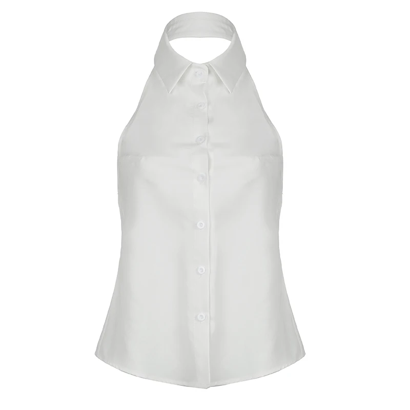 Darlingaga Fashion Backless White Blouse Top Sexy Solid Tie-Up Bow Design Chic Halter Neck Shirts Sleeveless Streetwear Outfits