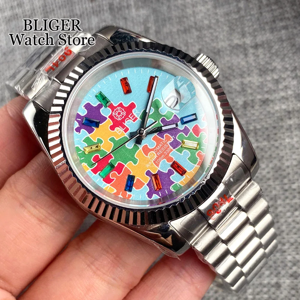 Imagem -04 - Bliger-relógio Automático de Gemas para Homens Bisel Canelado 36 mm 39 mm Nh35a Multicolor Pulseira de Aço Sapphire Novo 2023