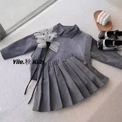 Spring Autumn Clothing Sets 3PCS Gray Blouse+Pleated Skirt+Knit Vest Girls School Suit Kids Fashion Kids Costume Sets Uniform