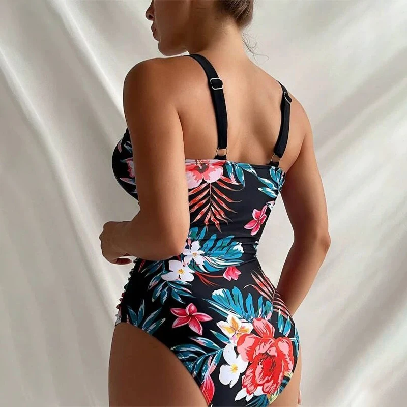 Deep V Sexy Strappy Swimsuit One Piece Printed Floral Swimwear Bathers Bathing Padded Beachwear Summer Women's Bikinis 2025