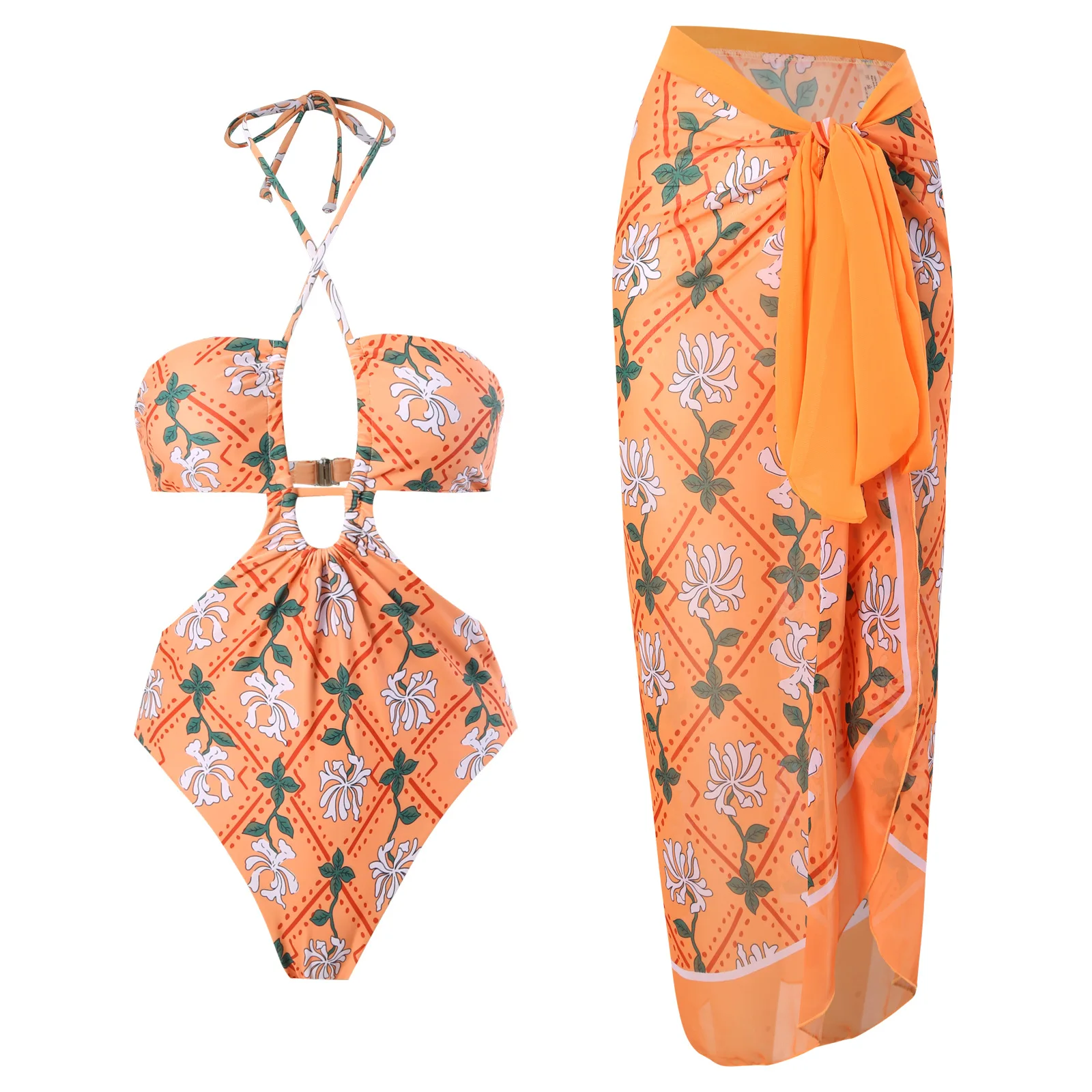 2023 High Leg One Piece Swimwear Women Print Swimsuit Cut Out Bathing Suit Cross Beach Wear Bodysuit Monokini Summer