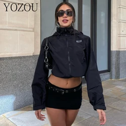 [YOZOU] Chic Black Khaki Gorpcore Hooded Cropped Jackets Top Women Outdoor Windbreaker Waterproof Zip Up Jacket Coat Streetwear