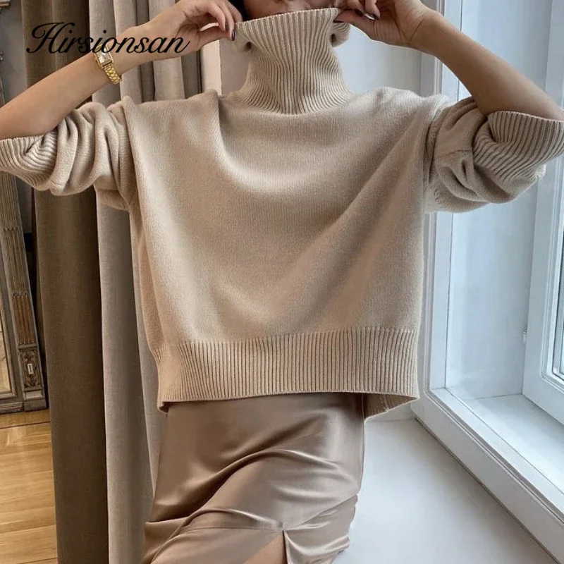 Hirsionsan Turtle Neck Cashmere Sweater Women Korean Style Elegant Thick Warm Female Knitted Pullovers Loose Casual Outwear 2023