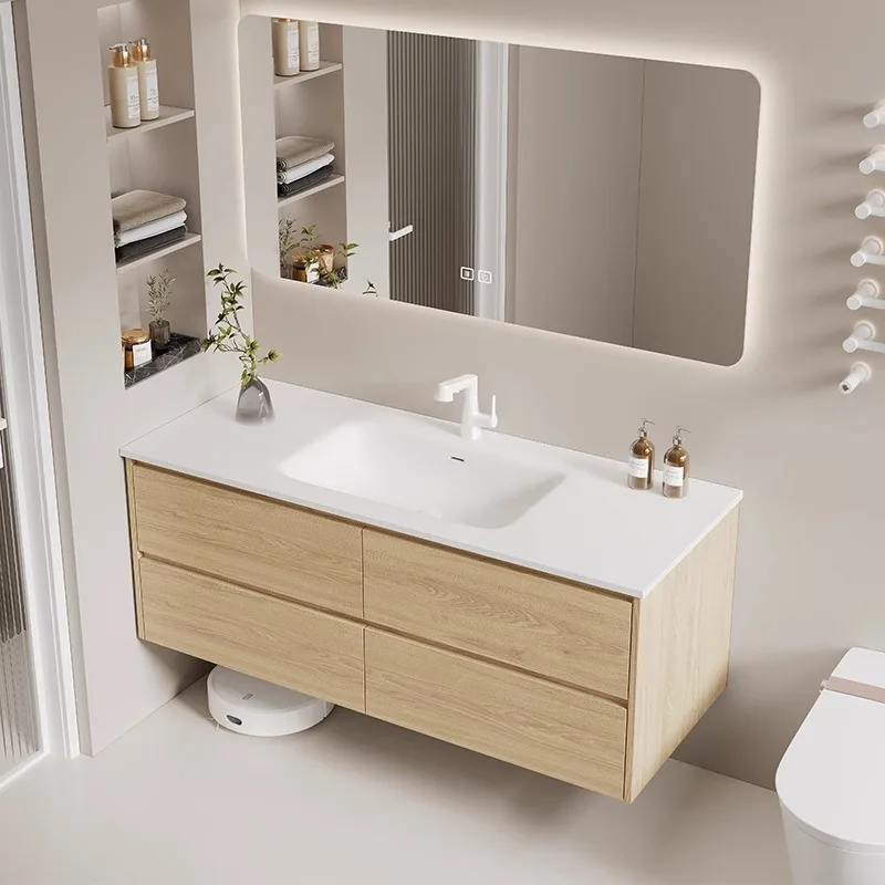 

Pure acrylic Corian integrated basin Japanese log wind light luxury bathroom cabinet sink