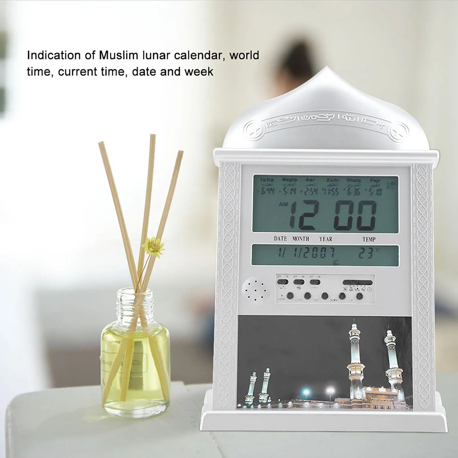 Muslim Islamic Praying Clock Azan Prayer Alarm Digital Azan Table Clock Silver Battery Excluded