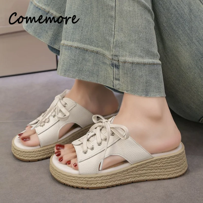 Comemore Thick Soled Slope Heel Slippers For Women New Summer Outdoor Vacation Style Sandals Hollowed Out Lace Up Shoes
