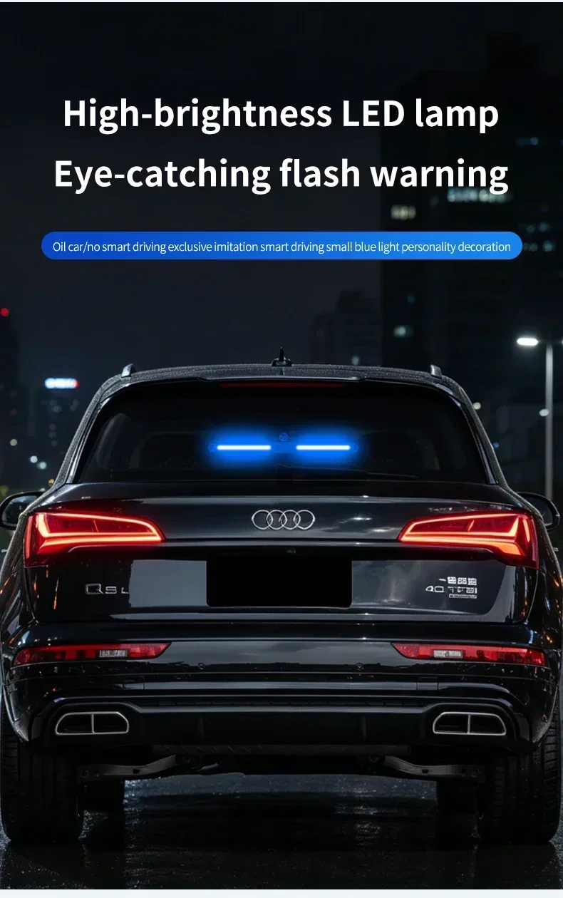 Solarbetriebene, intelligente LED-Dekorationsleuchte für das Auto, ohne Verkabelung, blaue Ambientebeleuchtung, automatische Vibrationssensor-Steuerung, Warnleuchte für die Heckscheibe. – Detail 4