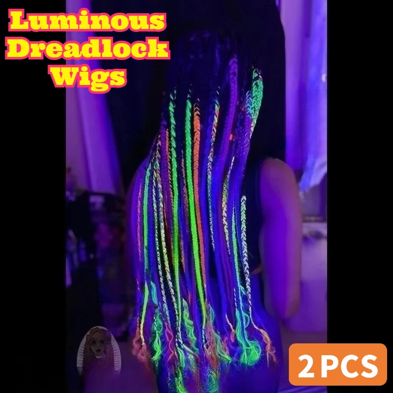 2PCS Luminous Dreadlock Extensions Unisex Large Braid Wigs Synthetic Color Braiding Rope Hair Accessories Night Club Party Decor