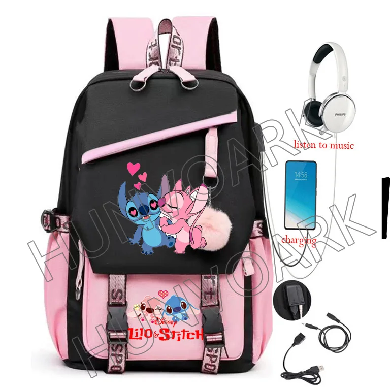 Lilo And Stitch Backpack USB Patchwork Kawaii Cartoon School Bags for Women Men Capacity to Travel Daily Laptop Mochila Infantil