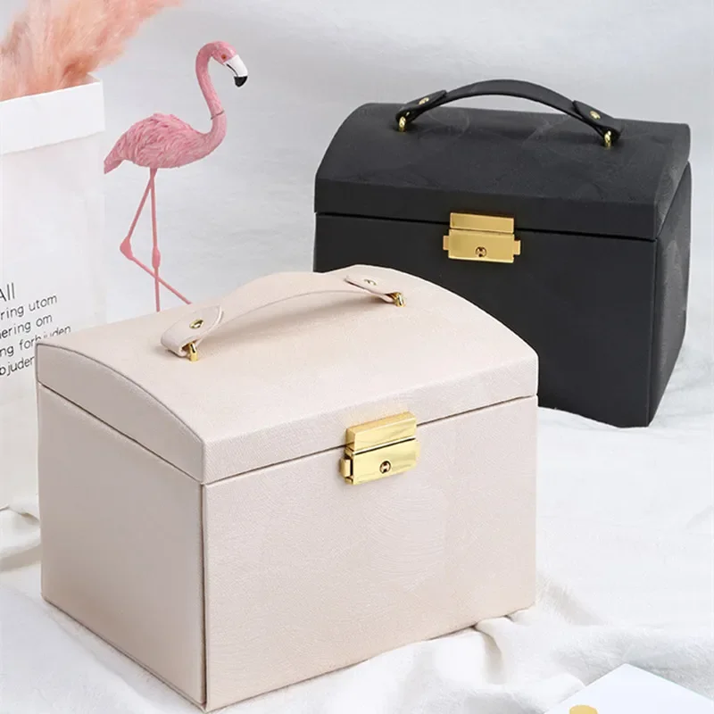 High Quality 3 Layers Simple Leather Jewelry Display Generous And Portable Silk Necklace Box Earrings Ring  Organizer Watch Box