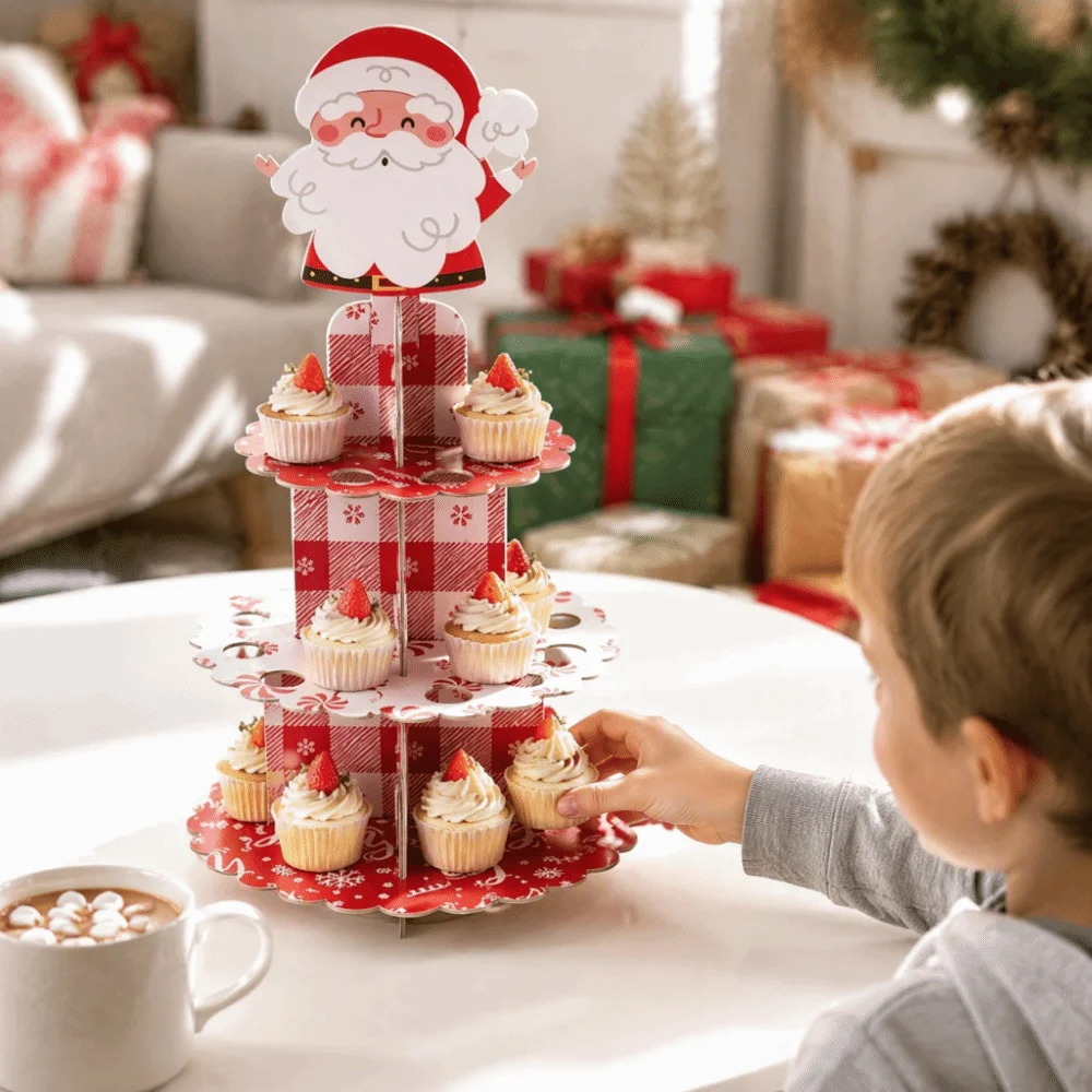 Detachable Design Santa Claus Cupcake Stand 3 Tier Decorative Dessert Display Holder Round Plaid Cake Display Rack