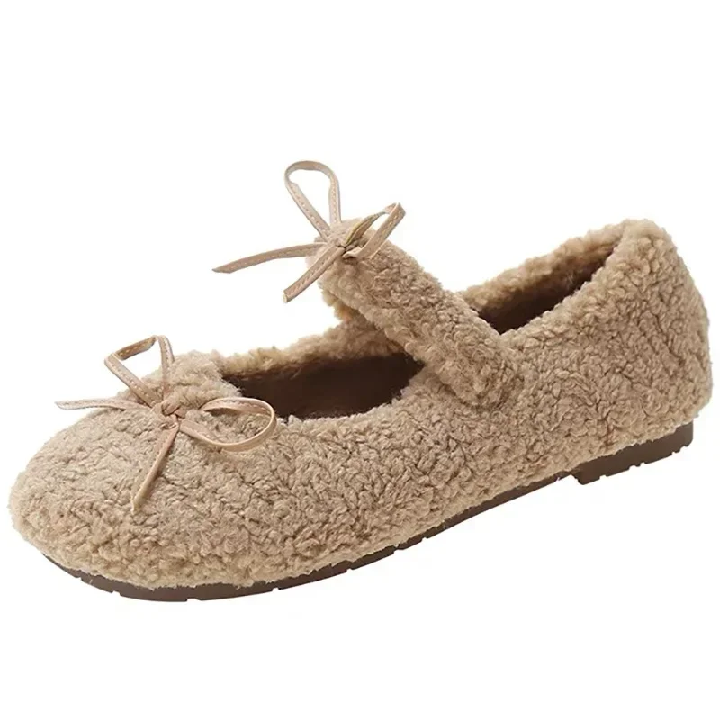 Mocasines de Ballet elegantes para otoño e invierno, zapatos planos para mujer, mocasines planos de piel con punta redonda, zapatos de exterior de peluche de diseño de marca para mujer