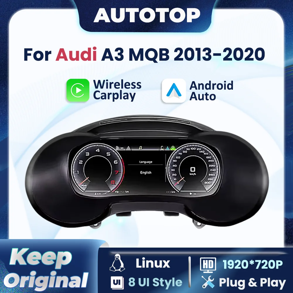 Tableau de bord numérique sans fil CarPlay Android Auto Linux 10,25 pouces pour Audi A3 8V 2013-2020, compteur de vitesse, cockpit virtuel, groupe d'instruments