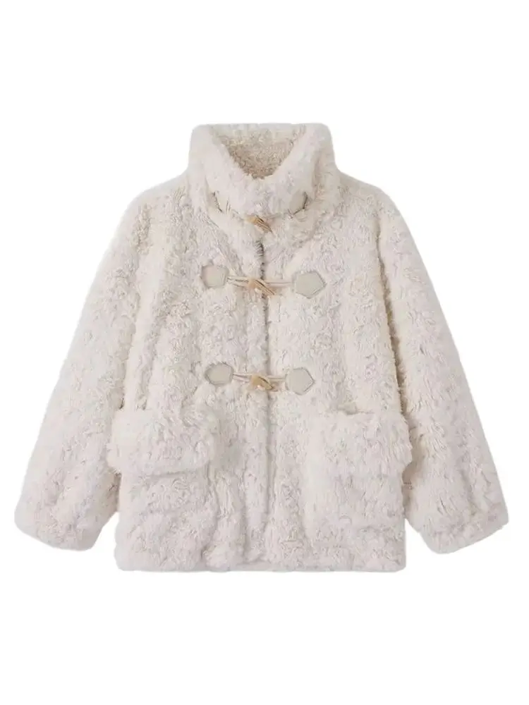 Women\'s Beige Faux Rabbit Fur Coat Y2K Thick Warm Retro Loose Long Sleeve Turtleneck Star Overcoat Female Plush Teddy Coats 2024