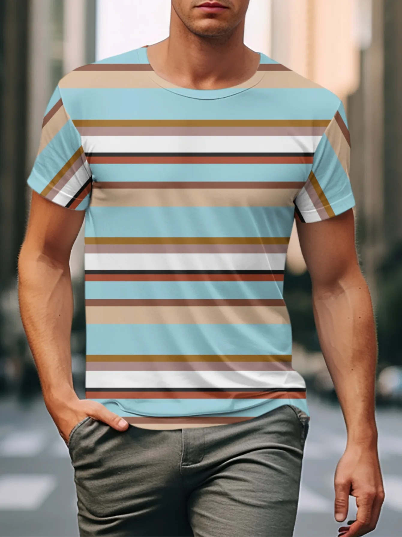 Men Mesh Sports T‑Shirt Retro Tone Stripe O‑Neck Short Sleeve Summer Slim Casual Street Top