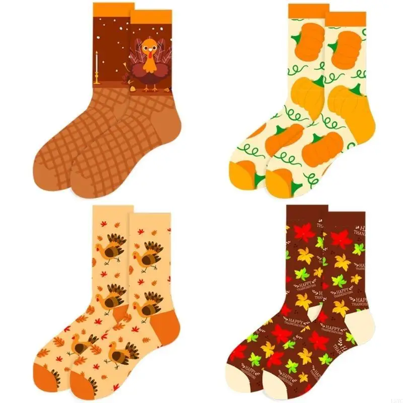 

L5YC Women's Autumn Themed Socks with Thanksgiving Designs Maple Leaves Turkeys Pumpkin Prints Men's Cotton Socks Gift