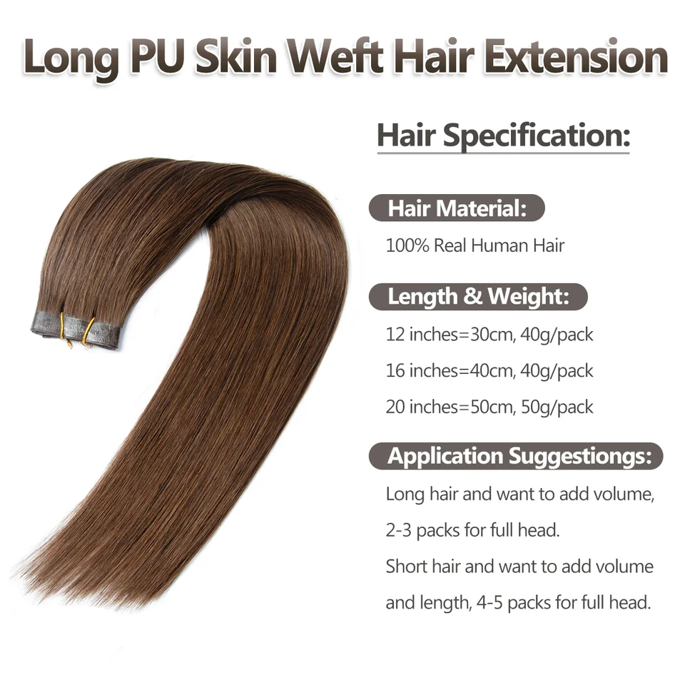 Sin pegamento costuras invisibles PU extensiones de cabello humano suave piel amigable material ligero 16 pulgadas 40g mechones naturales para mujeres aumentando volumen y longitud 3