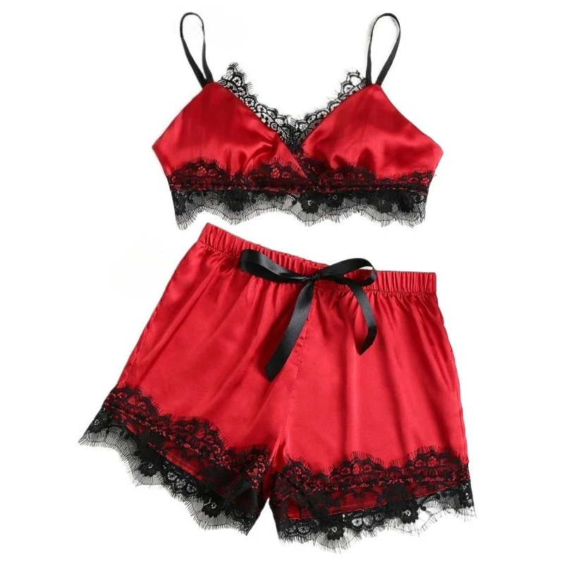 

Sexy Lingerie 2-piece Pajama Set Sexy Lace Split Sleepwear Set Women Pajama Spaghetti Strap Underwear and Lace Shorts Home Wear