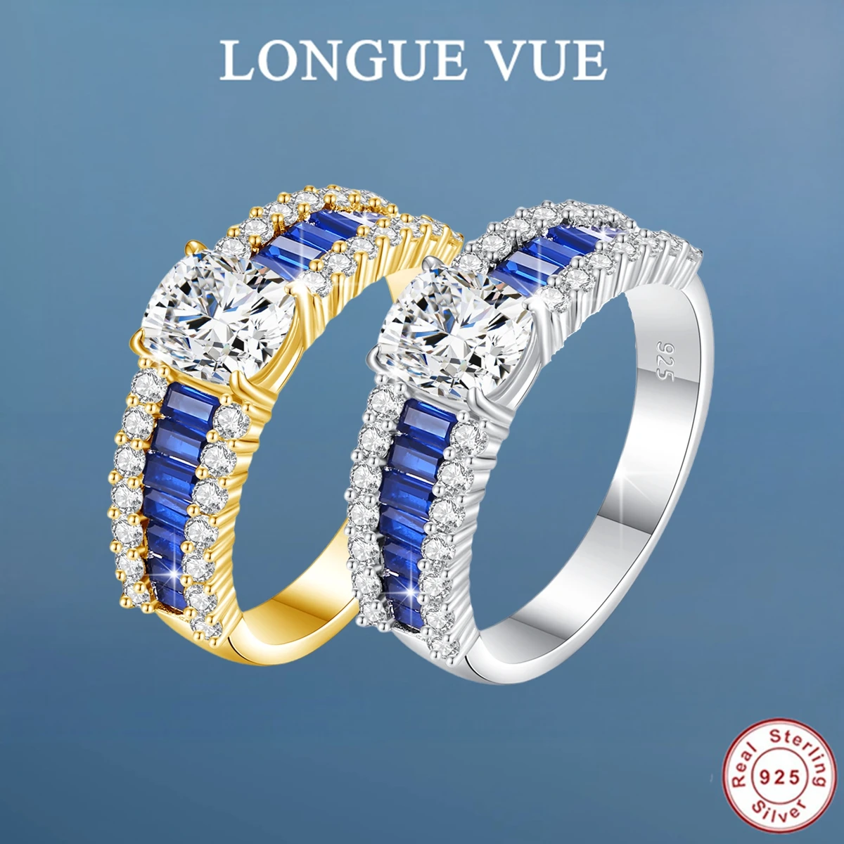 

1.5ct Moissanite Blue Corundum Row Ring For Women 925 Silver Plated 18K Gold Wedding Band Cocktail Fine Jewelry