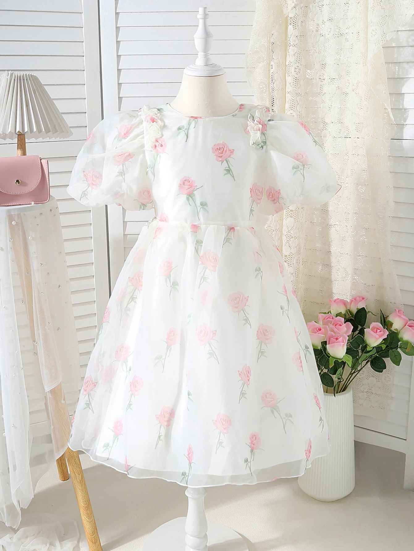 Summer New Girls\' Floral Bubble Sleeves Stylish Back Bow Princess Dress Dress