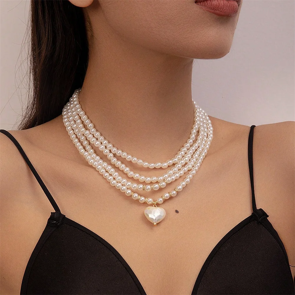 Luxury Layered Faux Pearl Beaded Necklace With Heart Shaped Locket Charm High-End Elegant Choker Women  For Fashion Gala Bride