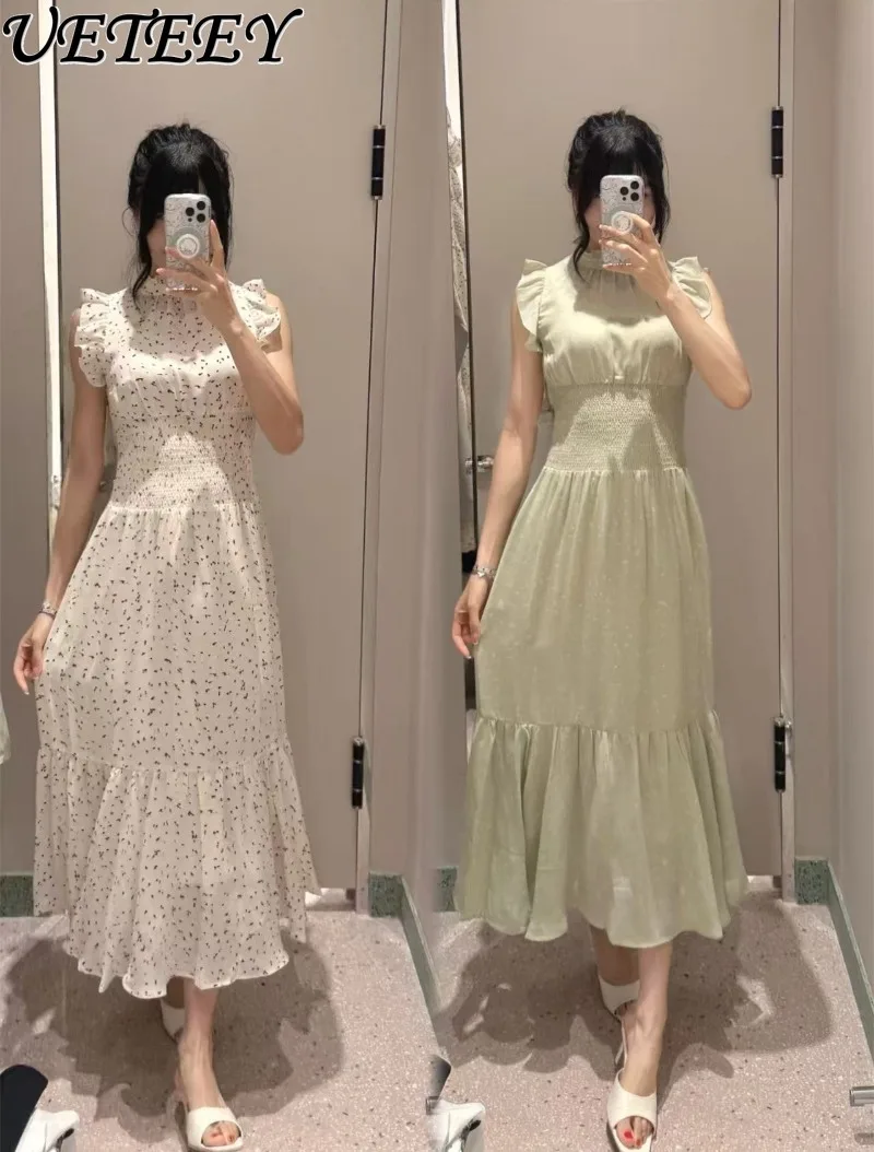 2025 여름 일본 스타일 슬림핏 러플 칼라 드레스 (작은 플러터 소매와 프린트된 하이웨이스트 슬림핏 롱 드레스)