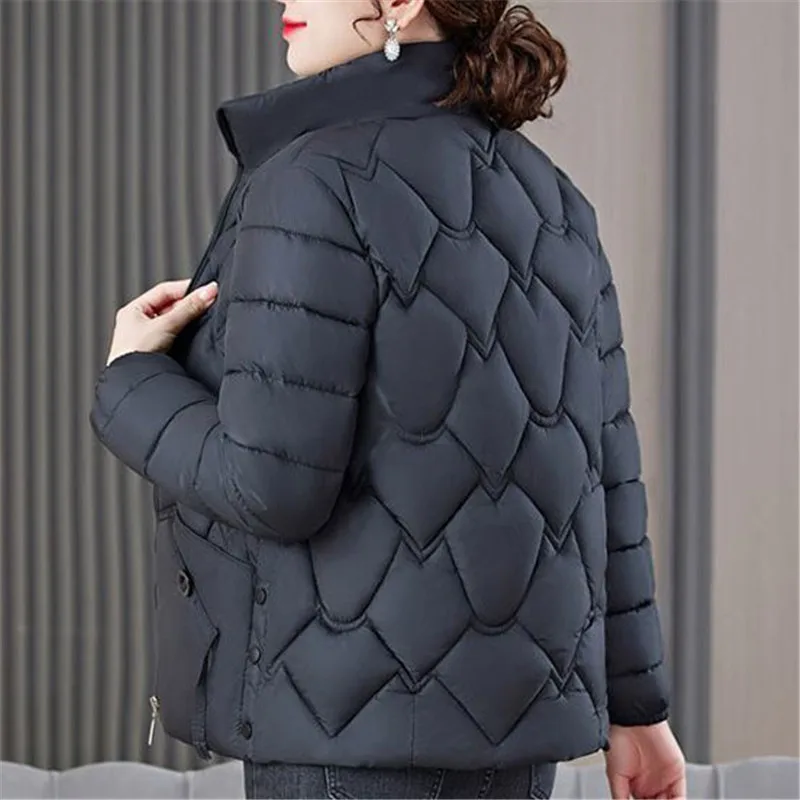 Winter Short Down Cotton Jacket Women 2023 New Loose Stand-Up Collar Coat Pure Colour Outerwear Fashion Parka Overcoat Female