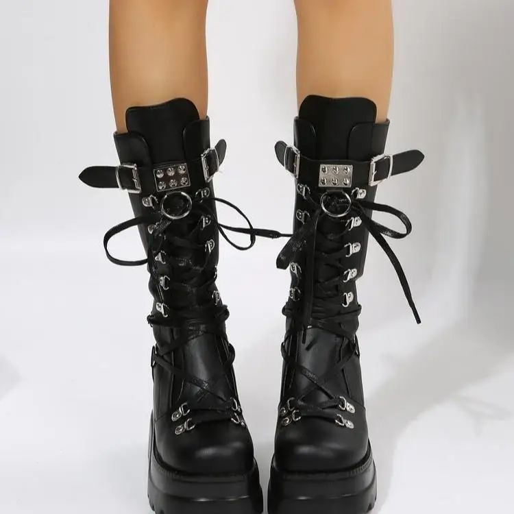 

Женские ботинки больших размеров на массивном каблуке, в стиле рыцарских сапог, панк-стиль, средней высоты, модные, весна-осень, из полиуретана