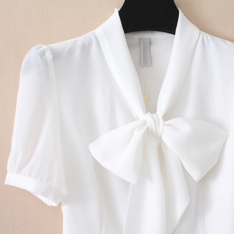 High Quality Women Chiffon Blouse Bow Neck Short Sleeve Bodysuit Office Ladies White Button Up Shirts with Panties