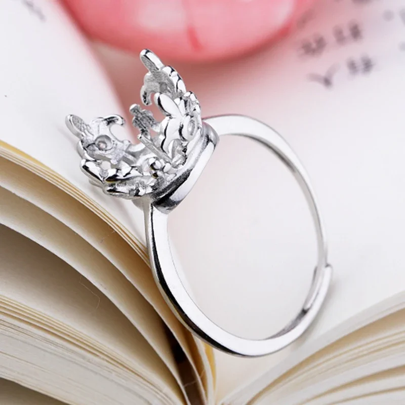 925 Sterling Silver Women Trendy Engagement Wedding Ring 11-13mm Pearl Round Bead Semi Mount Ring Setting