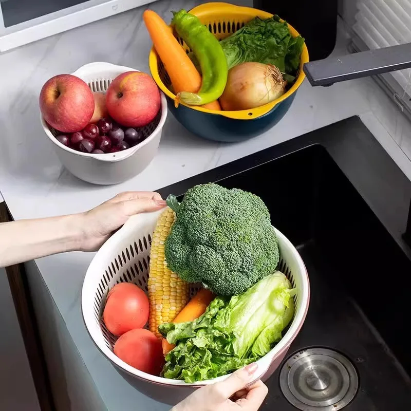 Double-layer drain basket vegetable basin 6-piece kitchen set simple plastic fruit washing plate for household rice cleaning