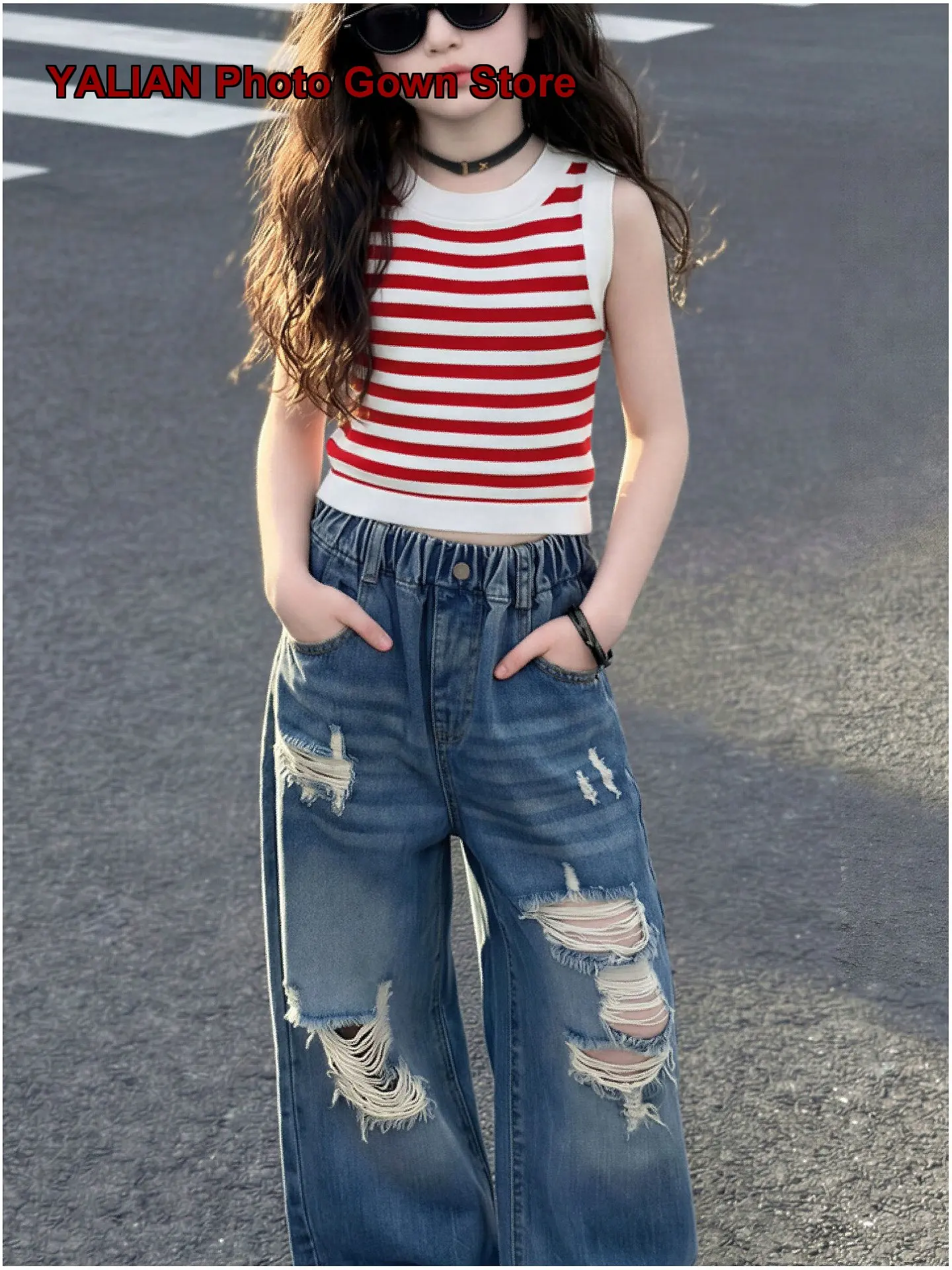 Girls Denim Wide Leg Pants Spring Summer Ripped Slim Fit Teenagers Kids