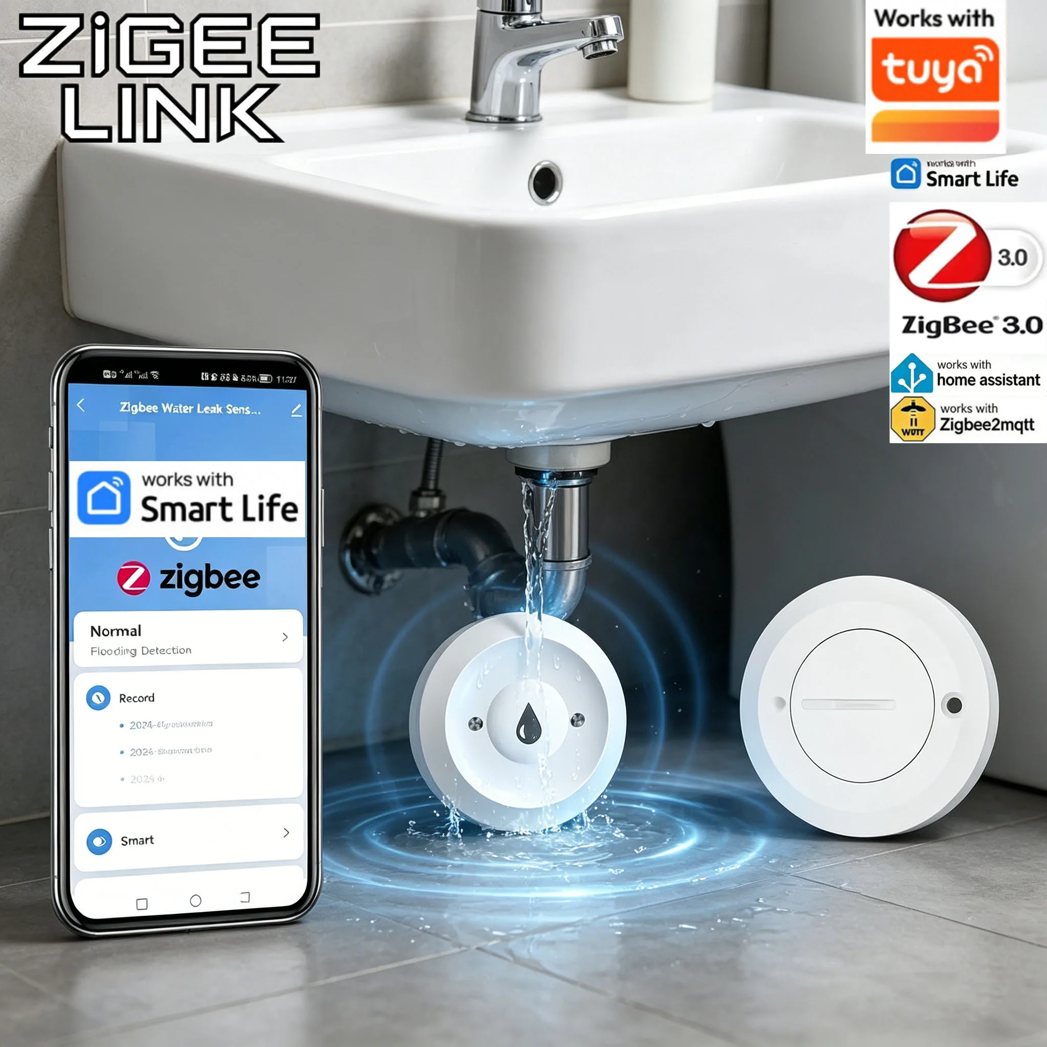 Zigbee Water Leak Sensor Smart Flood Detector App Remote Monitoring Leak Alarm for Bathroom Work with Tuya 2MQTT Home Assistant