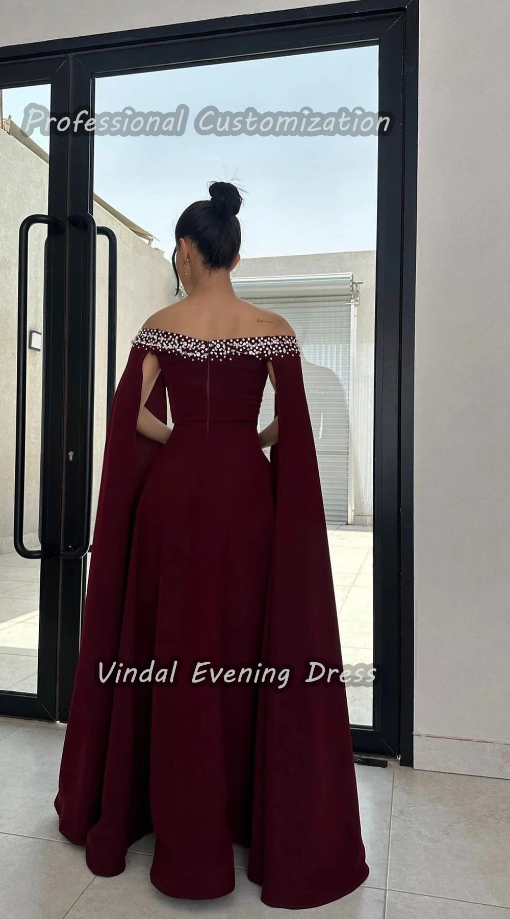 Vindal Off-the-shoulder Floor length Beaded Straight luxurious Breast padding Crepe Elegant  Short Sleeves السعود For Woman 2024