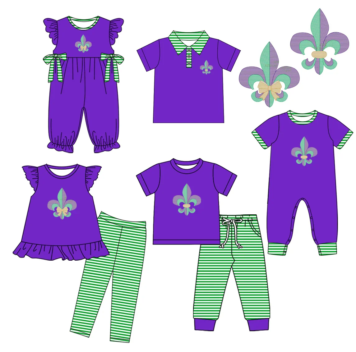 

New hot selling mardi gras fashion baby girl suit matching bodysuit Purple and green children's striped print set