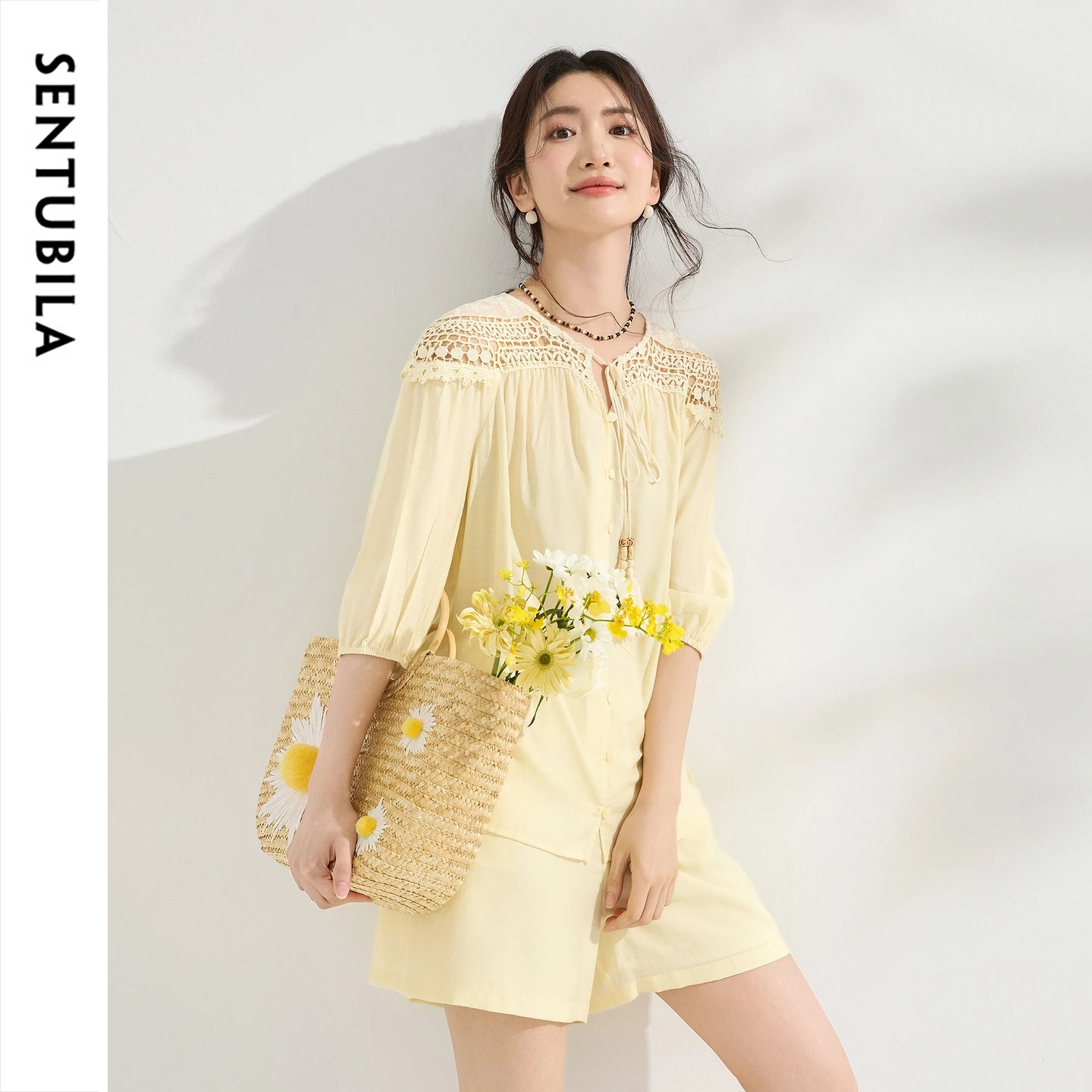 SENTUBILA Women's Elegant Hollow Lace Summer Suit Vacation Outfits 2026 Half Sleeve Shirt Elastic Waist Shorts Set 162ZC6701
