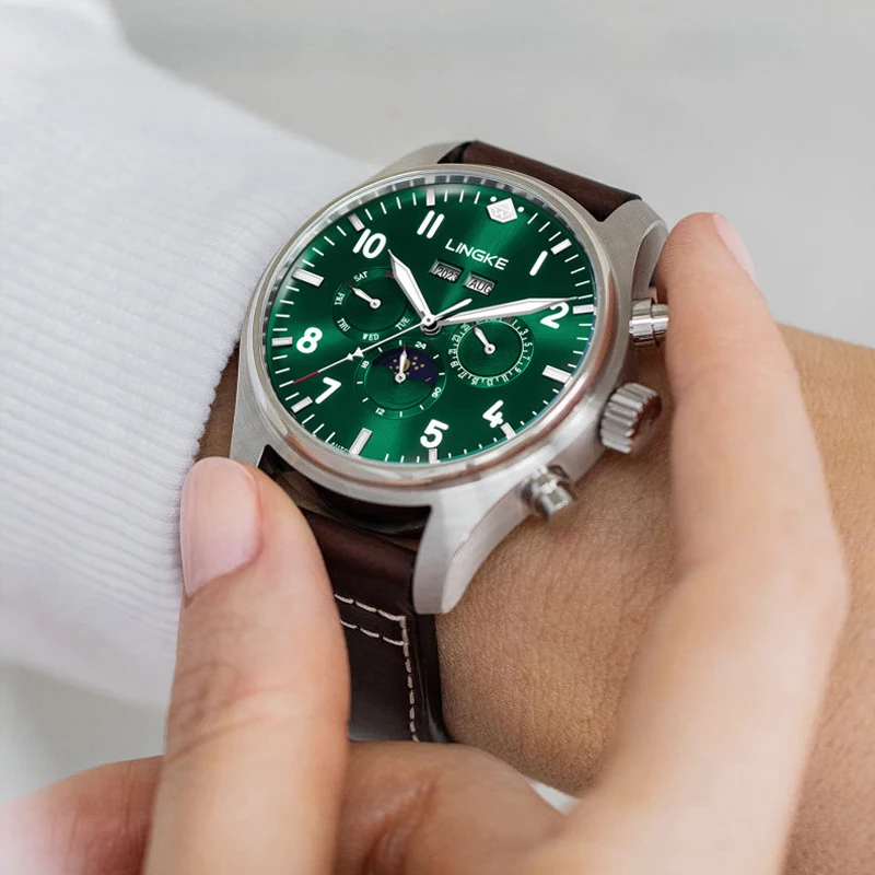 

Luxury Pilot Dial Multi functional Automatic Watches For Men Calfskin Strap Mineral Crystal Waterproof Mechanical Watch