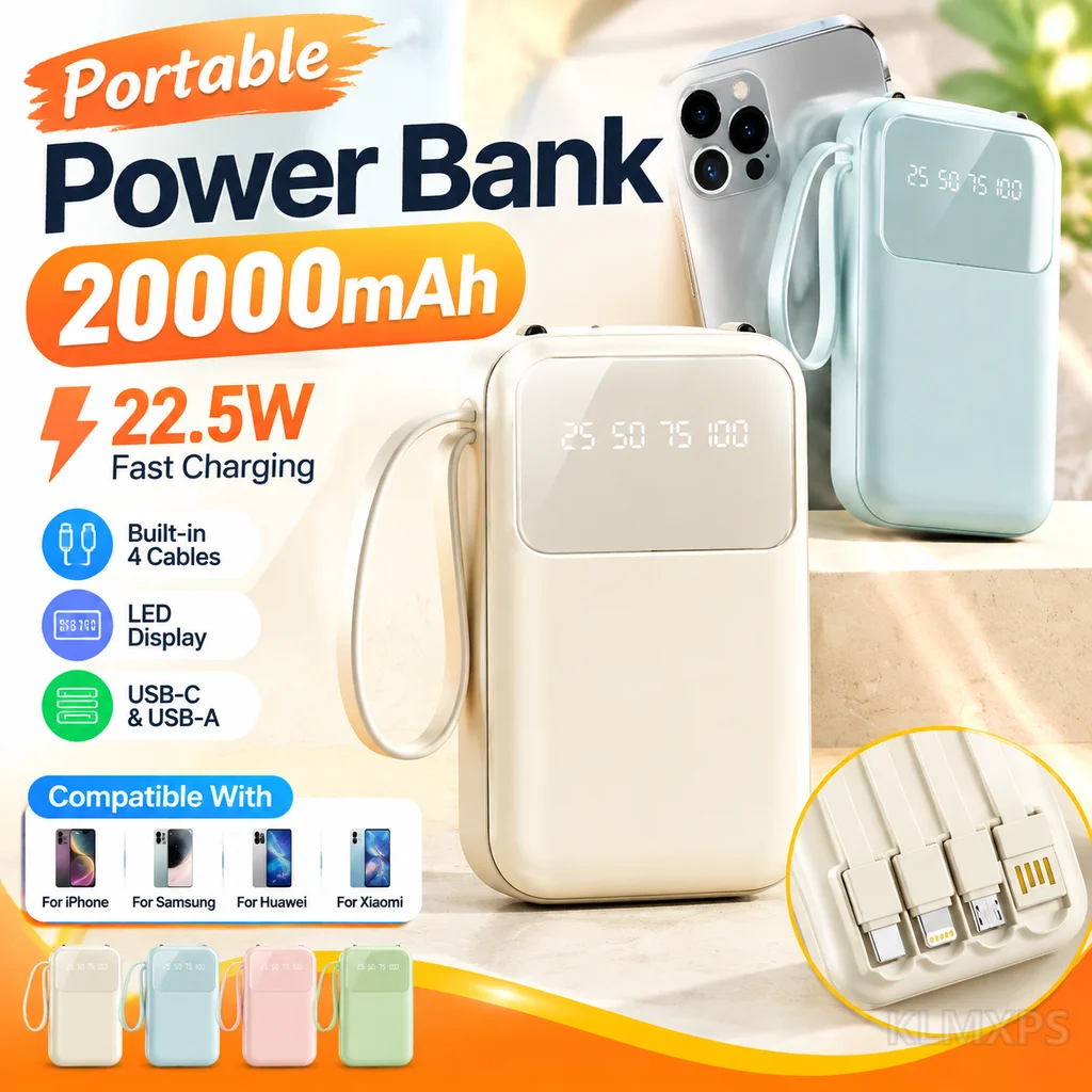 Fast Charging Power Bank 20000mAh with 4 Built-in Cables Digital Display For Xiaomi, Huawei, iPhone, Samsung