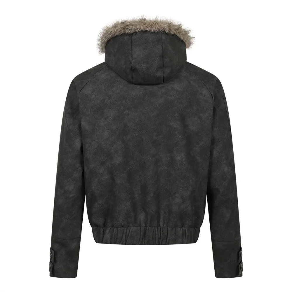 MWJLPWQ American-Style Letter Embroidery Fur Collar Swearshirts For Men Trendy Autumn Winter Loose Fit Distressed PU Coats 17323