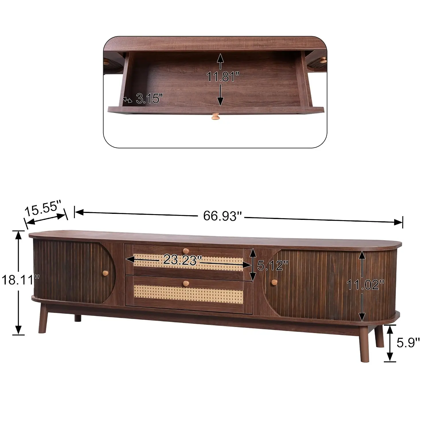 Rattan TV Stand Media Console Tambour Doors 2 Drawers Storage Cord Holes Wood Feet Living Room, Customized