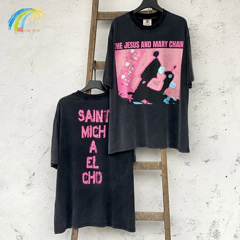 Abstract Characters Pink Graphics Print Saint T-Shirt Men Women High Street Vintage Washed Black Tee Top T Shirt