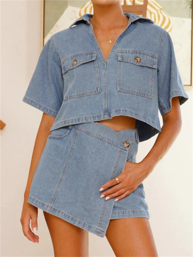 

Fashion Denim 2 Piece Sets Women Outfit Summer Clothes Women 2026 Polo-Neck Shirt Top and Shorts Sets Cowboy Two Piece Woman Set