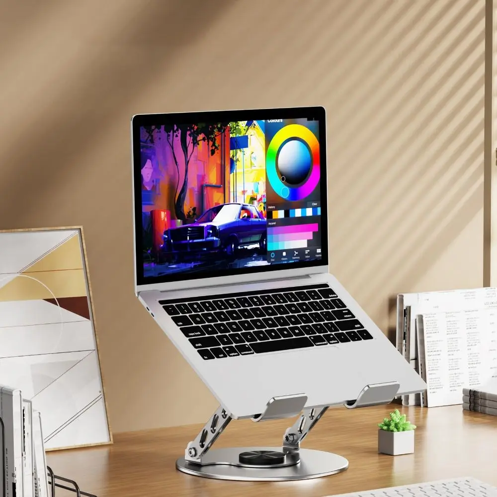

Adjustable Height 360° Rotatable Tablet Stand Carbon Steel Ventilated Base Foldable Laptop Holder Silver Anti-slip