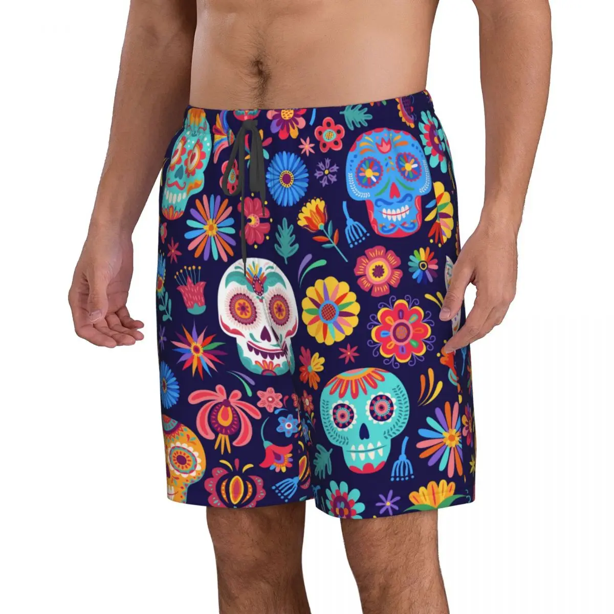 Men's Swim Shorts Trunks Mexican Sugar Skulls Day Of The Dead Beach Board Shorts Running Sports Surfing Swimwear